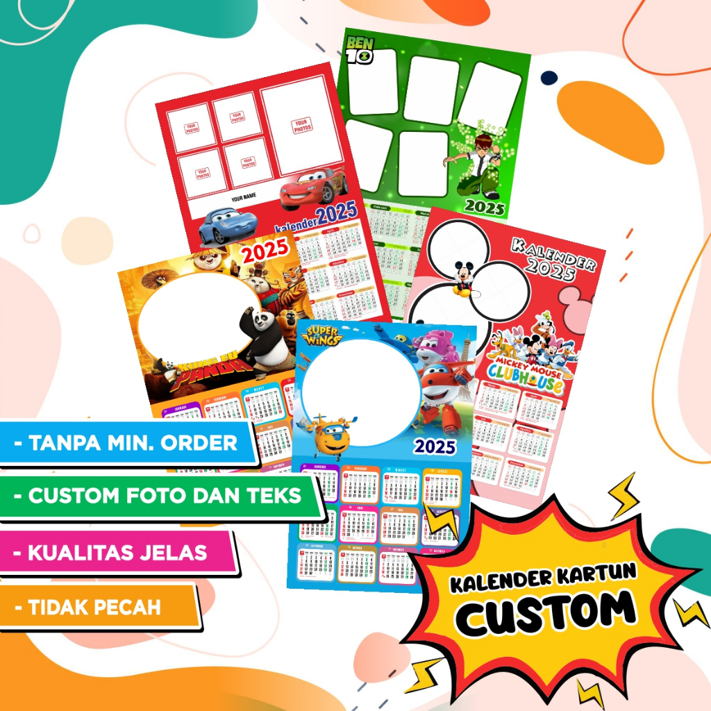 

KALENDER 2025 KARTUN CUSTOM FOTO DAN TEKS TANPA MINIMAL ORDER PROSES CEPAT 1 LEMBAR 12 BULAN