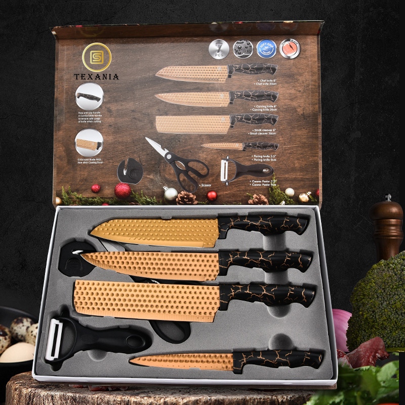 CUCI GUDANG TEXANIA Set Pisau Stainless Steel isi 7pcs itanium Warna Gold Peralatan Dapur 7PCS