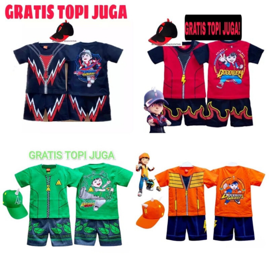 [Free Topi] Baju Anak Boboiboy Setelan Anak Boboiboy Air Api Halilintar Daun Gempa
