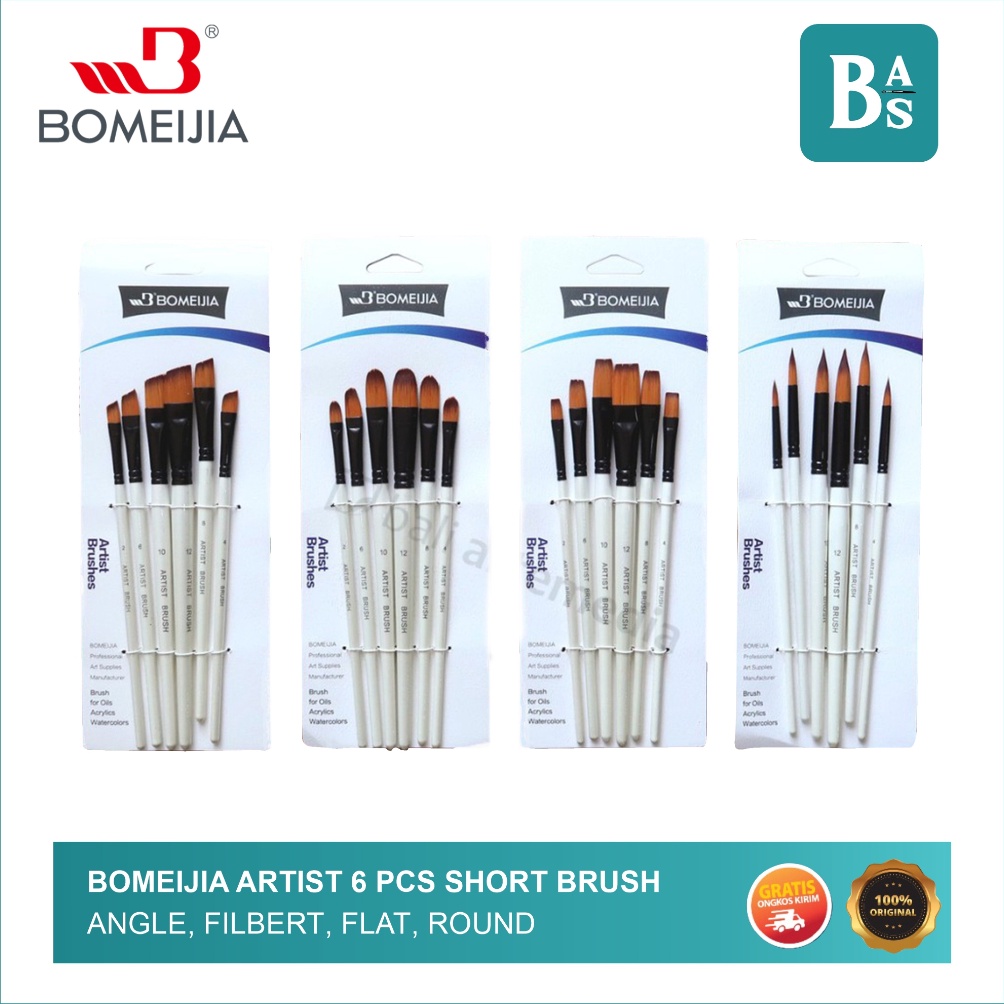 

KODE T85A BOMEIJIA Artist 6 pcs Short Handle Brush Round Filbert Angle Flat Kuas Lukis