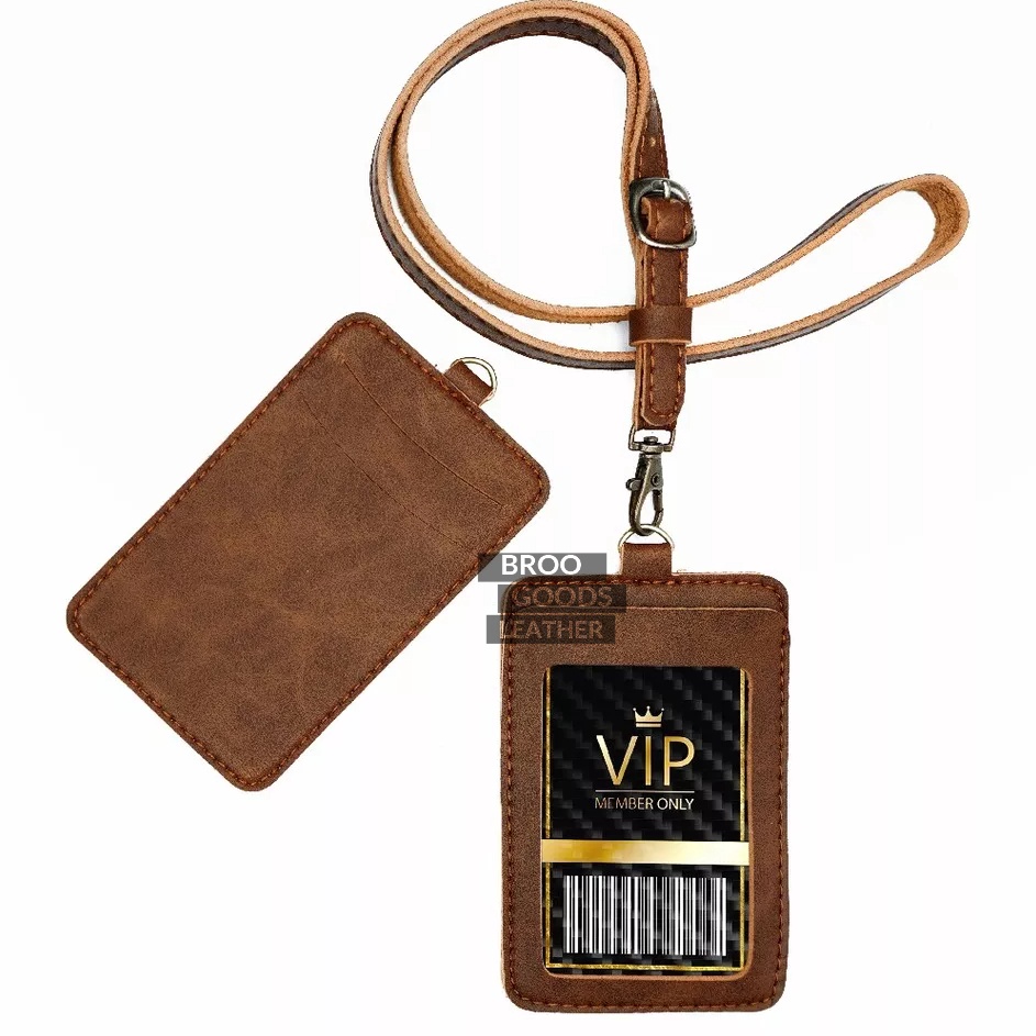 

New Sale Name Tag ID Card Dipung Holder Kulit Lanyard Termurah Berkualitas PU Leather Lanyard NameTag ID Card Holder