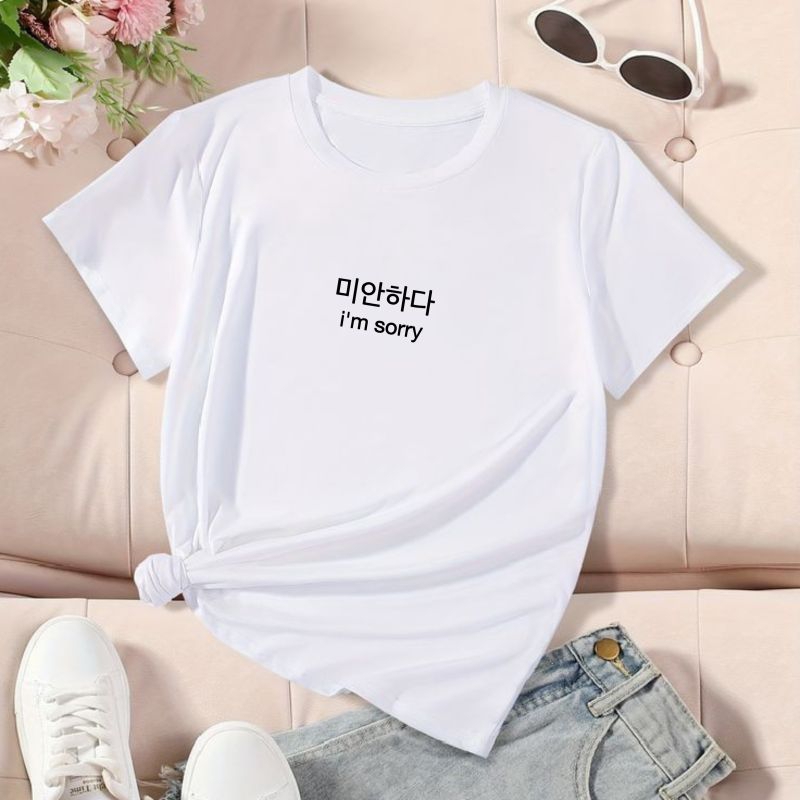 [HOT] Kaos Wanita Tulisan Korea Baju Wanita Lengan Pendek Cotton Combed