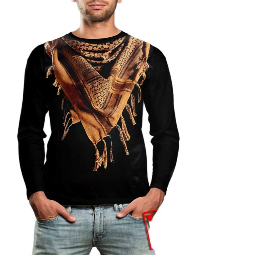 Kaos Distro Pria Lengan Panjang Santai Hitam Motif Sorban Coklat