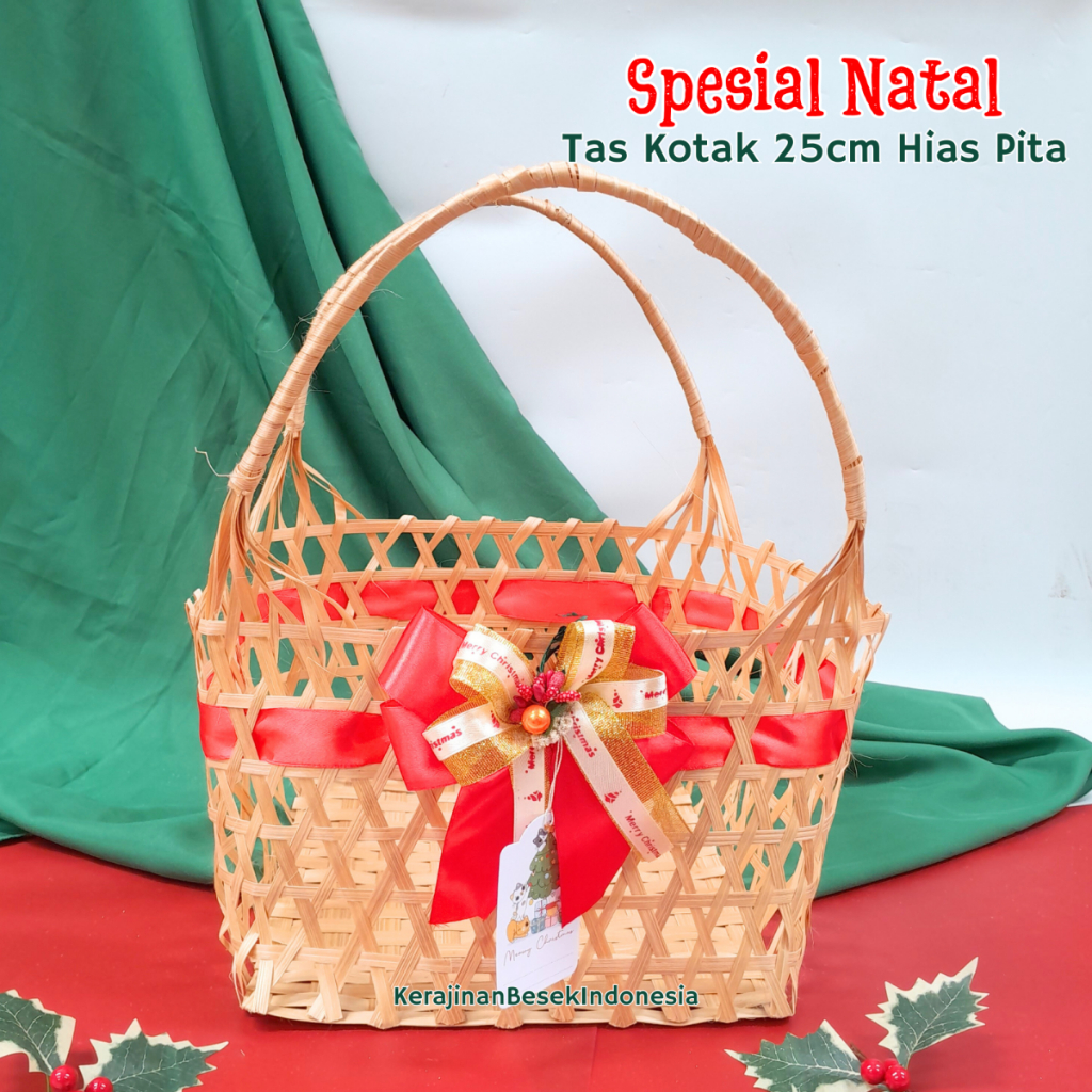 

TAS HAMPERS BESAR NATAL FREE HANG TAG Tas kotak 25cm natural hiasan pita cantik merry christmas goddie bag tote jumbo kado toples kue