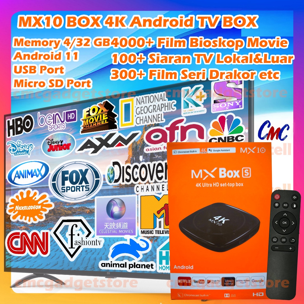 MX10 Box 4K Android TV Box Full Channel Siaran TV Lokal + Luar Negeri Wifi Bluetooth Smart TV Box