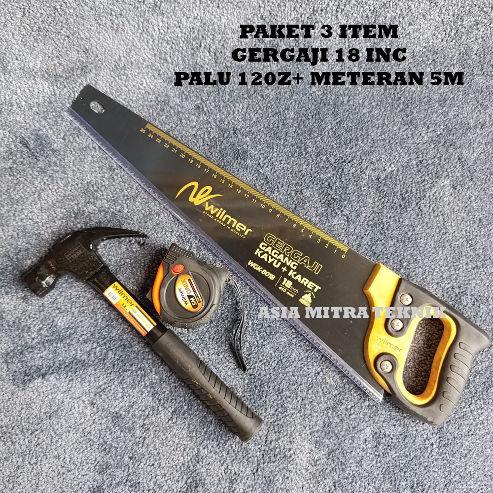 Paket Gergaji Kayu 18" Palu Kambing Gagang BESI MAGNET 16 oz Meteran Karet 3 M