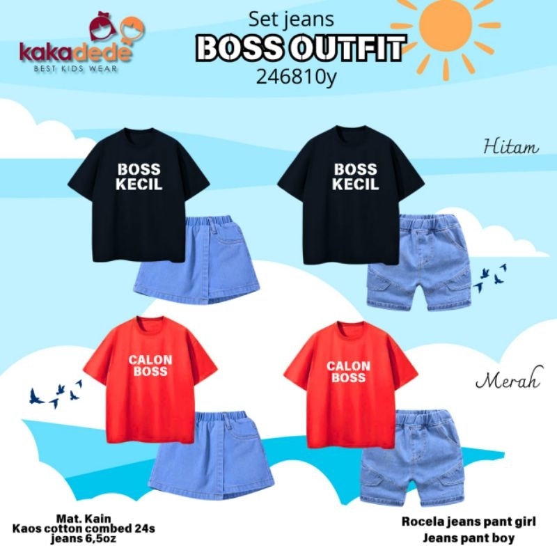 Setelan Jeans Pendek Anak Laki Laki dan Rok Celana Jeans Pendek Anak Perempuan Boss outfit