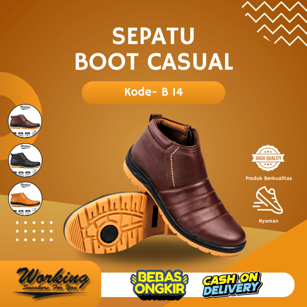 Sepatu Boot Pria Kulit Asli Fashion Kasual Resleting Hitam Cokelat Tan Working Sneakers B 14