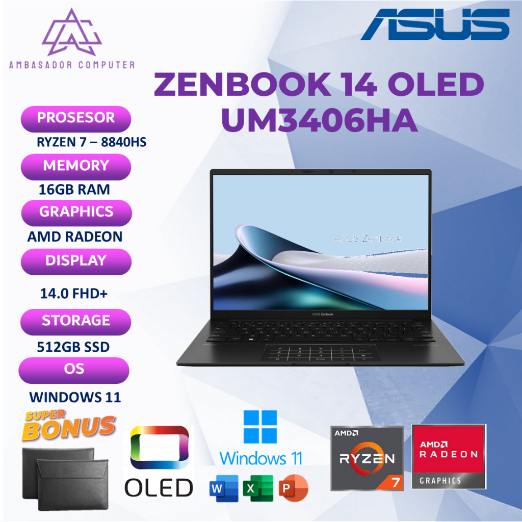 Asus Zenbook 14 OLED UM3406HA Ryzen 7 8840HS 16GB 512GB Full HD+ Windows11 OHS