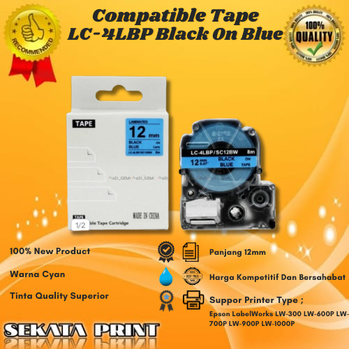

COMPATIBLE LABEL TAPE CARTRIGE EPSON LC-4LBP/SC12BW BLACK ON BLUE 12MM X 8M