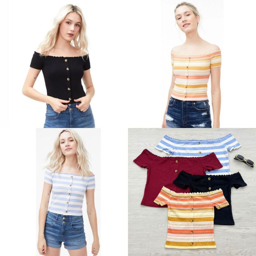 Aeropostale Sabrina Ribbed Top - Atasan wanita original Off-Shoulder
