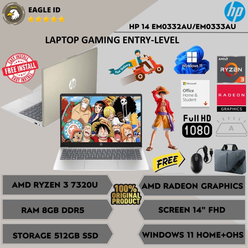 (Resmi) Laptop Baru EM0332AU/EM0333AU HP 14 AMD Ryzen 3 7320U RAM 8GB DDR5 SSD 512GB FHD WIN11 + OHS