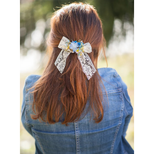 Flower hair bow Yellow and blue lace ribbon hair bow Barrette hair clip