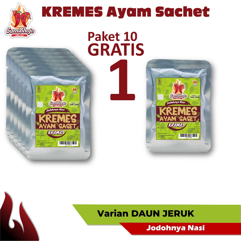 

SamBhojo Kremes Ayam Daun Jeruk Sachet Paket 10pc FREE 1pc