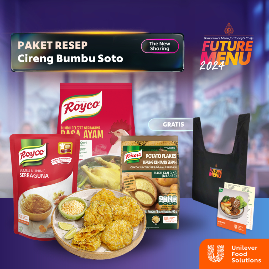 

Paket Resep Cireng Bumbu Soto (Royco Ayam 1Kg + Knorr Potato Flakes 500g + Royco Bumbu Kuning Serbaguna Pouch 600G + Free Gift - Foldable Bag + Akordeon Menu FM)