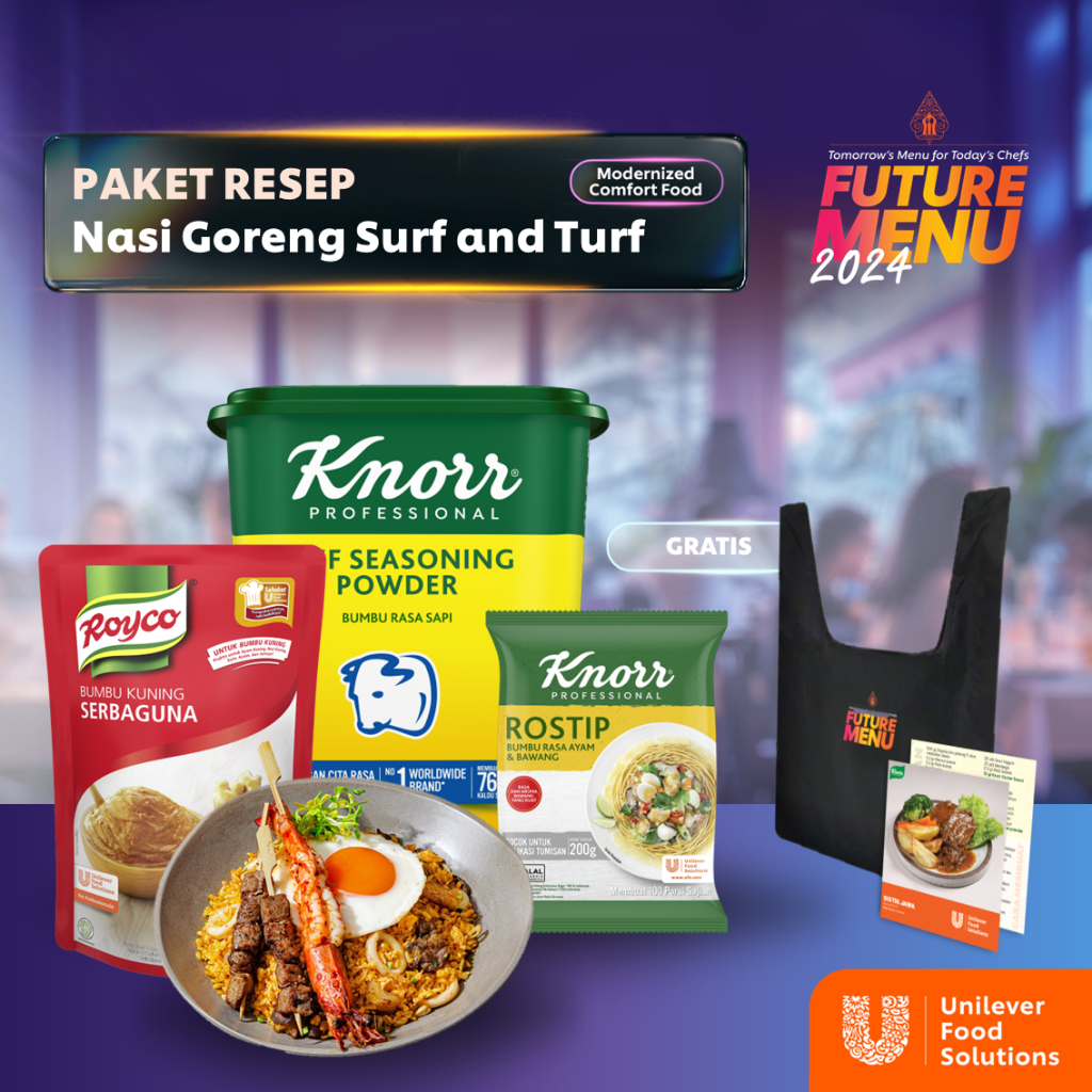 

Paket Nasi Goreng Surf and Turf (Knorr Bumbu Rasa Sapi Tub 1Kg + Knorr Bumbu Penyedap Rostip Pouch 200G + Royco Bumbu Kuning Serbaguna Pouch 600G + Free Gift - Foldable Bag + Akordeon Menu FM)