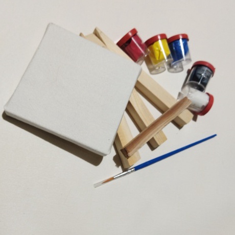 

Borong Buruan mini kanvas ukuran 1x1 cm set canvas lukis set 5 warna dasar plus kuas round dan stand lukis 15 cm