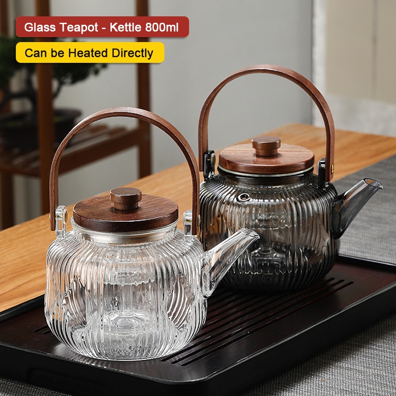 Heat Temperature Resistant Glass Teapot with Wood Handle Teko Kaca Tahan Panas Api Langsung Tea Pots