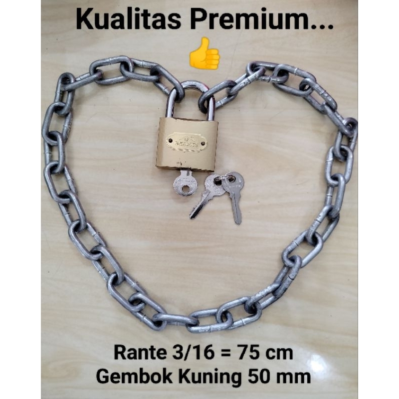 Rante besi "3/16" ( 6mm ) lengkap Gembok Kuning 50 mm Premium