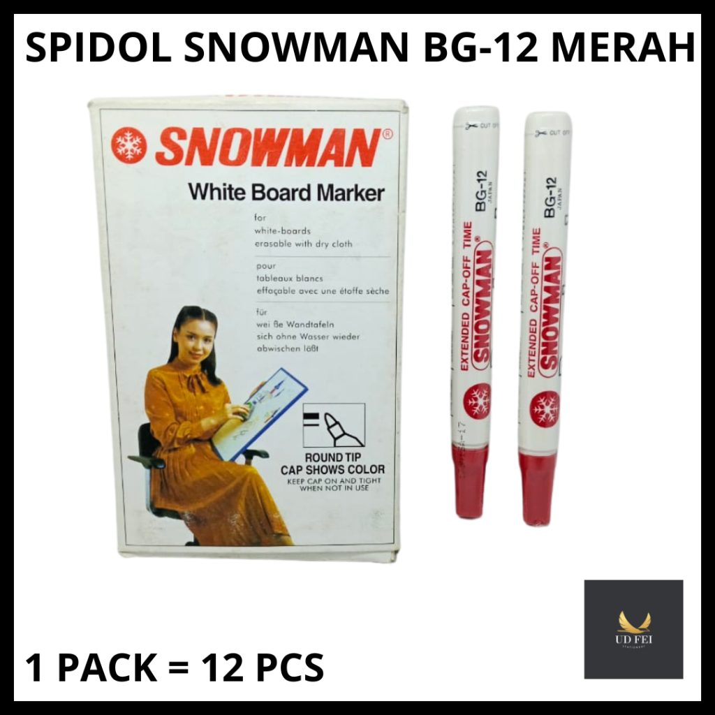 

(1 PACK=12 PCS)Spidol WHITEBOARD SNOWMAN BG-12 MERAH/ Spidol Boardmarker/ Spidol Papan Tulis Snowman MERAH