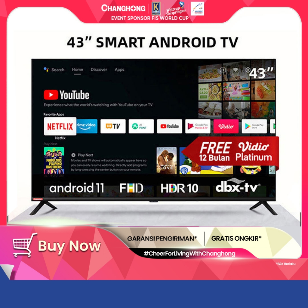 Changhong 43 Inch Newest Android 11 Frameless Smart TV Digital LED TV FHD -Netflix-Youtube-Google Pl