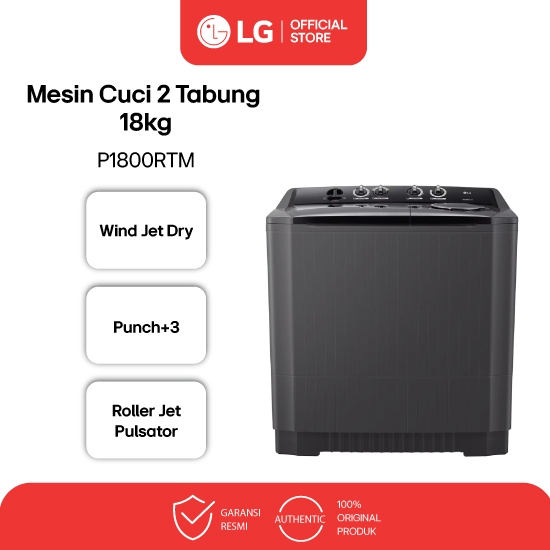 LG Mesin Cuci Twin Tub / 2 Tabung 18Kg - 3 Program Pencucian - Roller Jet Pulsator - Hitam - Model P