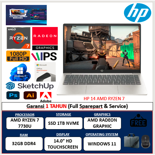 Laptop Gaming Murah Hp 14 Amd Ryzen 7 7730u 16gb SSD 1TB 14.0 Touch Win11