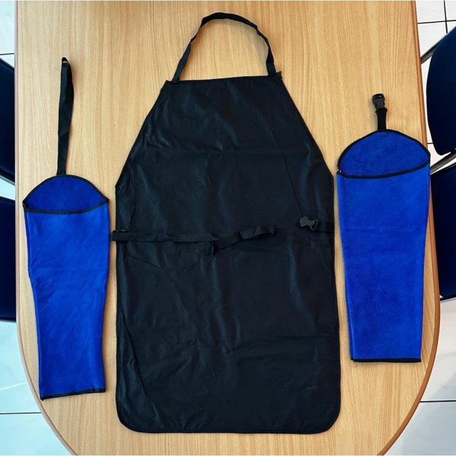 Apron Las Kulit Satu Set Welding Celemek Kulit Las Biru Apron Las set Apron kulit Apron dada+lengan 