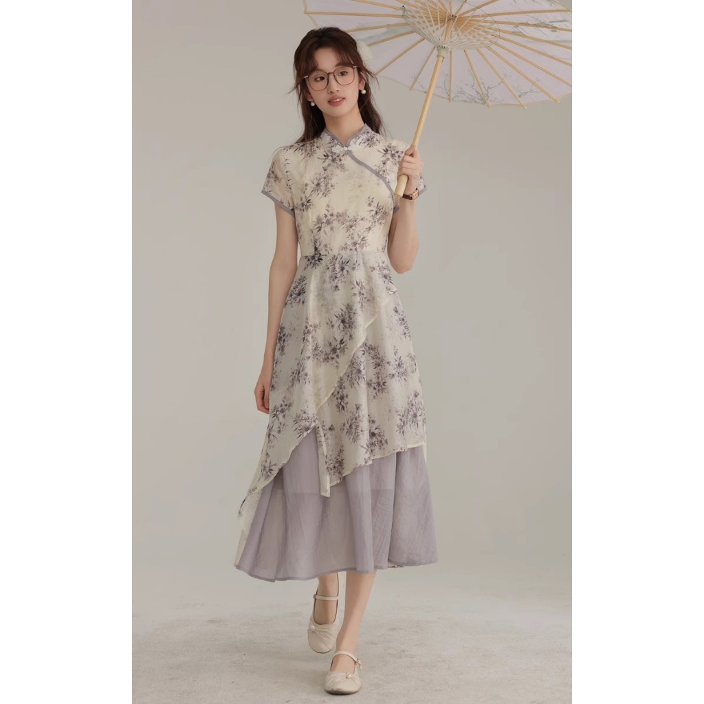 Gaun Chinese Tradisional Import Dress Panjang China Hanfu Modern Lengan Pendek Dress Maxi