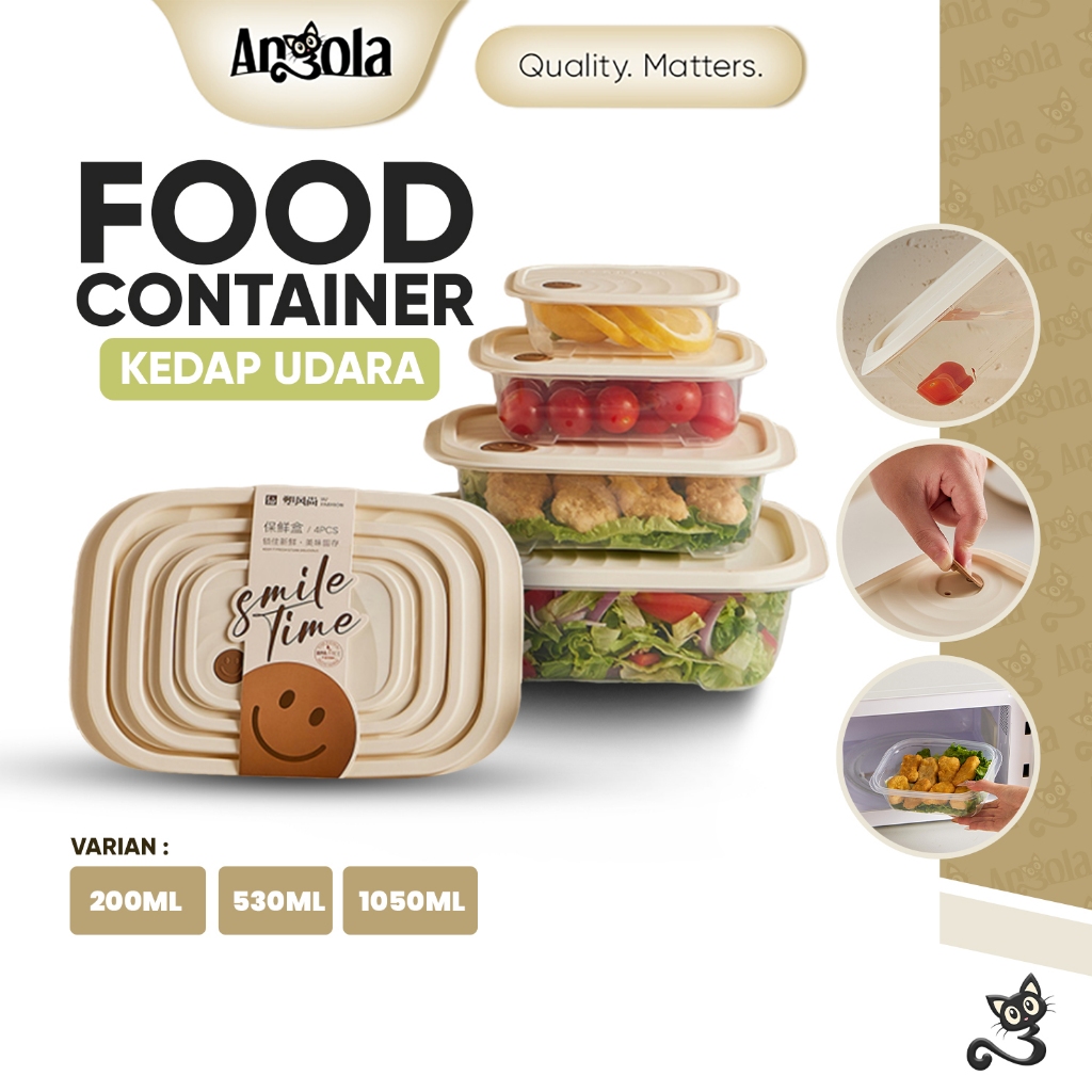 ANGOLA Food Container Persegi Microwafe Safe 3PCS L47 Kotak Penyimpanan Kulkas/Kotak Bekal/Lunch Box