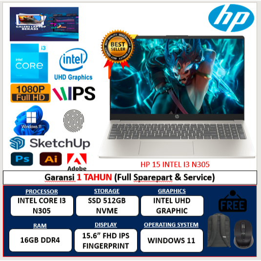 LAPTOP HP 15 INTEL I3 N305 16GB 512GB 15.6 FHD FP WIN11HOME SILVER
