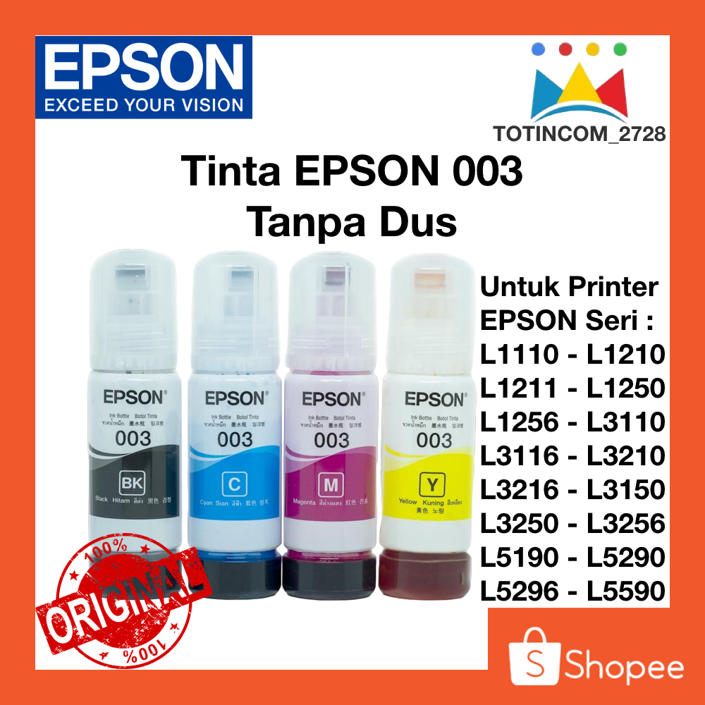Tinta Epson 003 Tanpa Dus Warna Black Magenta Cyan Yellow Volume 65ml Original Dari Printer Baru