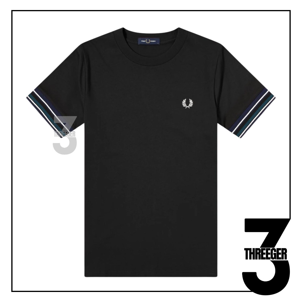 Fred Perry Striped Cuff Sleeve Tee Black Original / Kaos Fred Perry Original