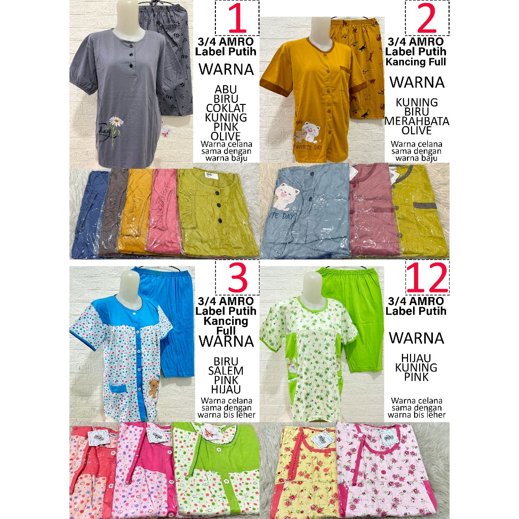 Babydoll 3/4 AMRO Label Putih Busui Kancing Full Celana Pendek Piyama Baju Tidur Baby Doll Wanita -3
