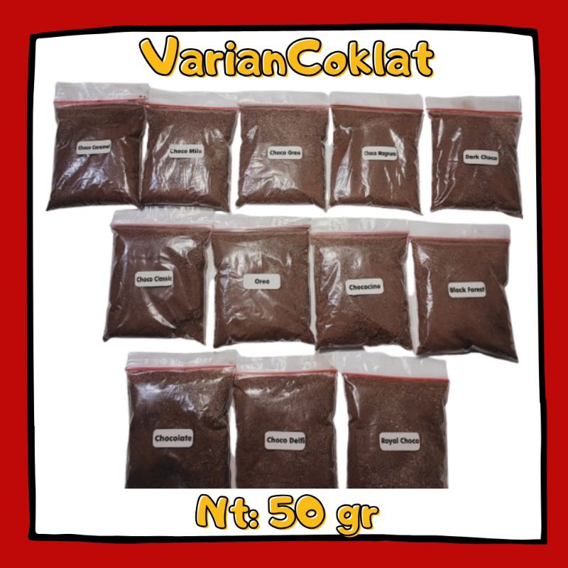 

Serbuk Minuman Coklat Varian Rasa Banyak Halal Kiloan Kemasan 50gram (SLIDE 1)