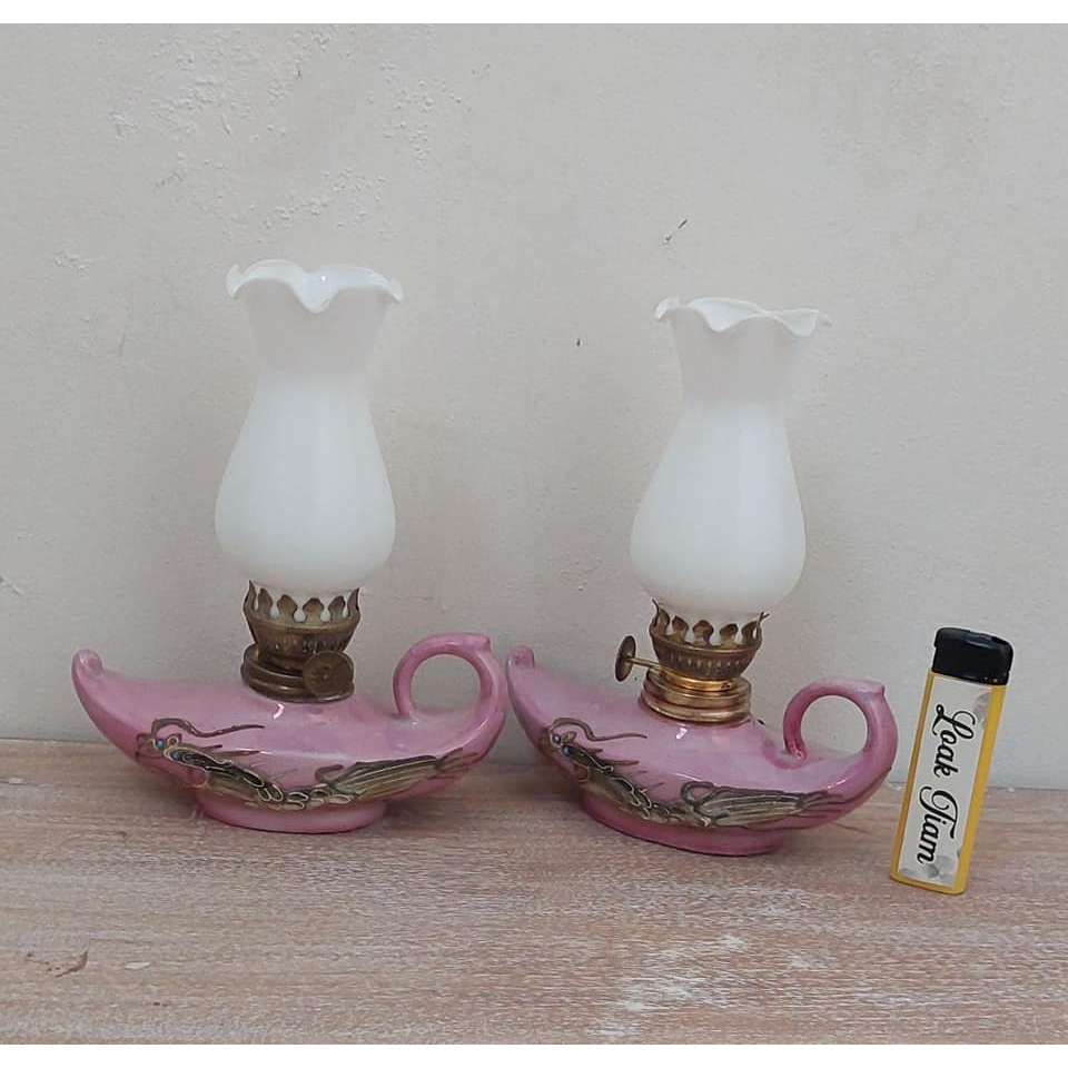 sepasang lampu teplok porcelain pinky motif naga satsuma japan NOS