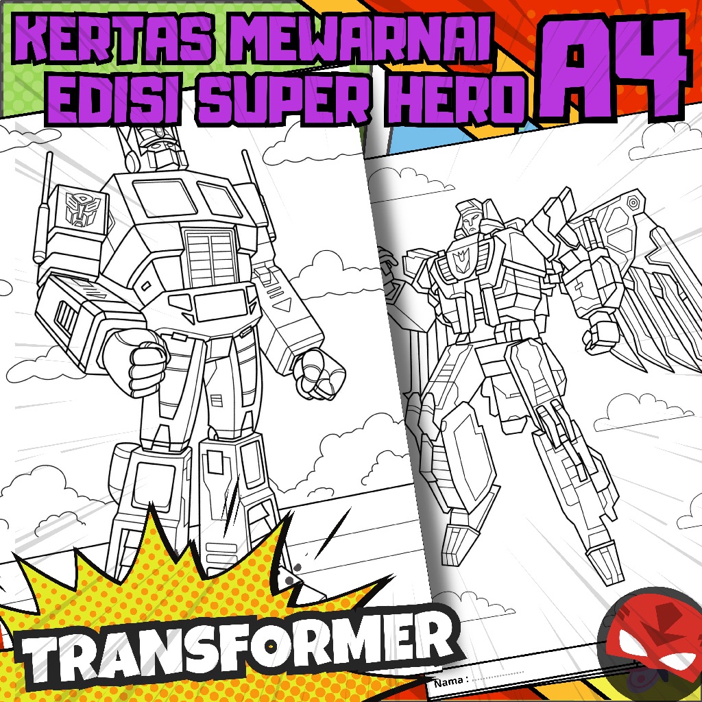 

MEDIA KERTAS KREATIFITAS MEWARNAI ANAK A4 DENGAN PRINT CETAK BUKAN COPY - MEDIA WARNA SUPER HERO - PART 04 - TRANSFORMER
