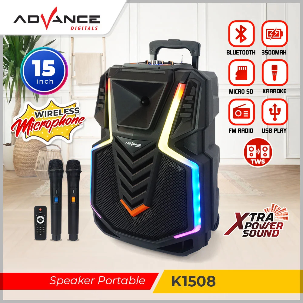 Speaker Advance 15” K1508 Bluetooth 15 inch 1508 2Mic wireless