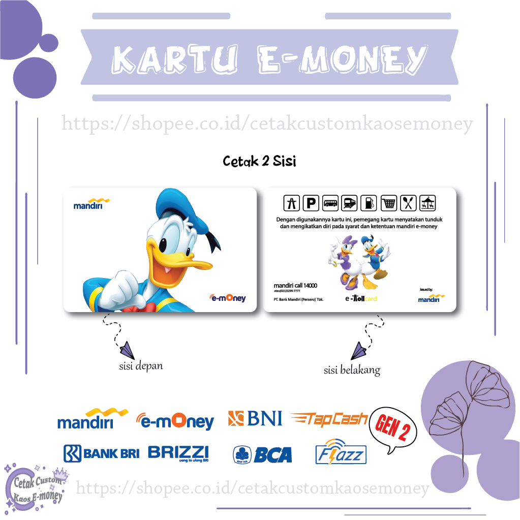 KARTU E MONEY E TOLL KARTUN DONAL DUCK WHITE EMONEY MANDIRI BNI TBRI BCA - 2 SISI