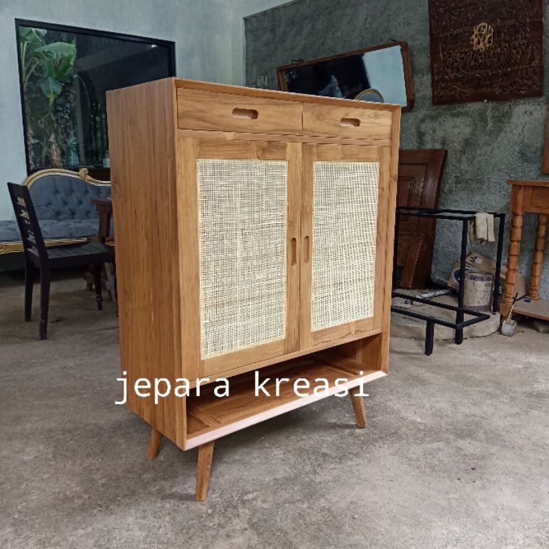 rak lemari sepatu kayu jati rotan minimalis, cabinet lemari sepatu kayu jati rotan minimalis