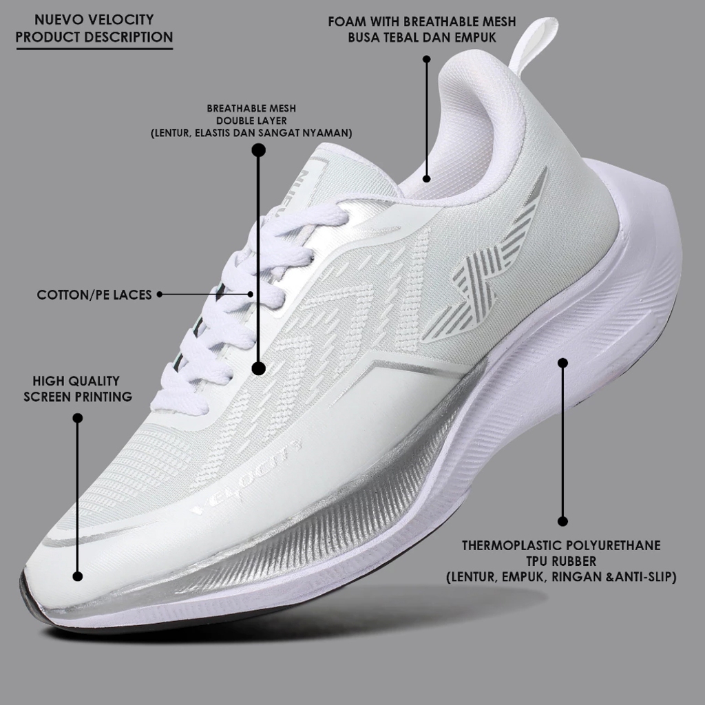 HOT DEALS NUEVO - SEPATU LARI PRIA NUEVO VELOCITY PUTIH SILVER OLAHRAGA RUNNING COWOK RINGAN