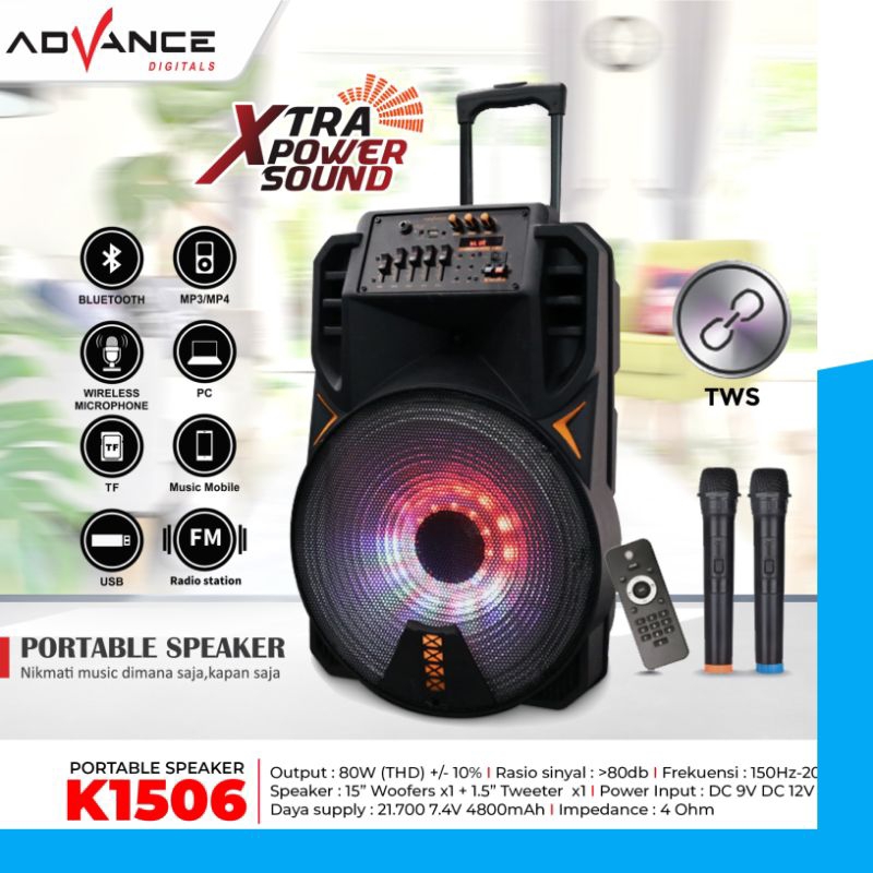 speaker bluetooth ADVANCE K-1506 PORTABEL speaker bluetooth karaoke/speaker aktif 15 inch