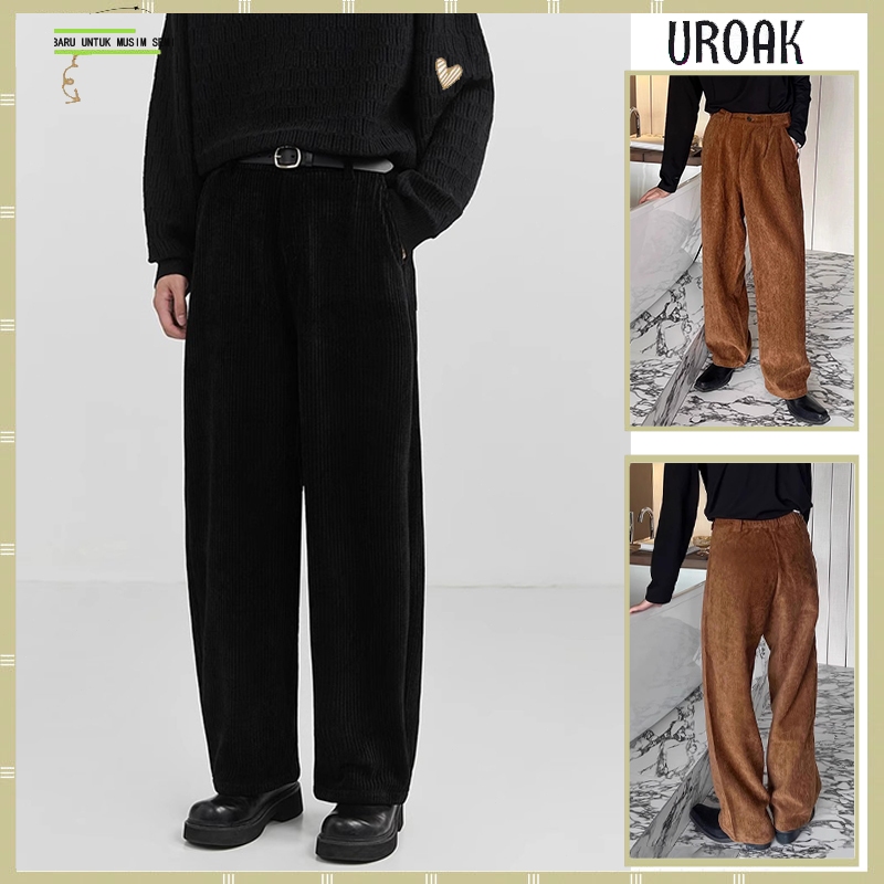 Celana corduroy pria celana corduroy longgar longgar pria kulot celana vintage pria fashion lurus lo