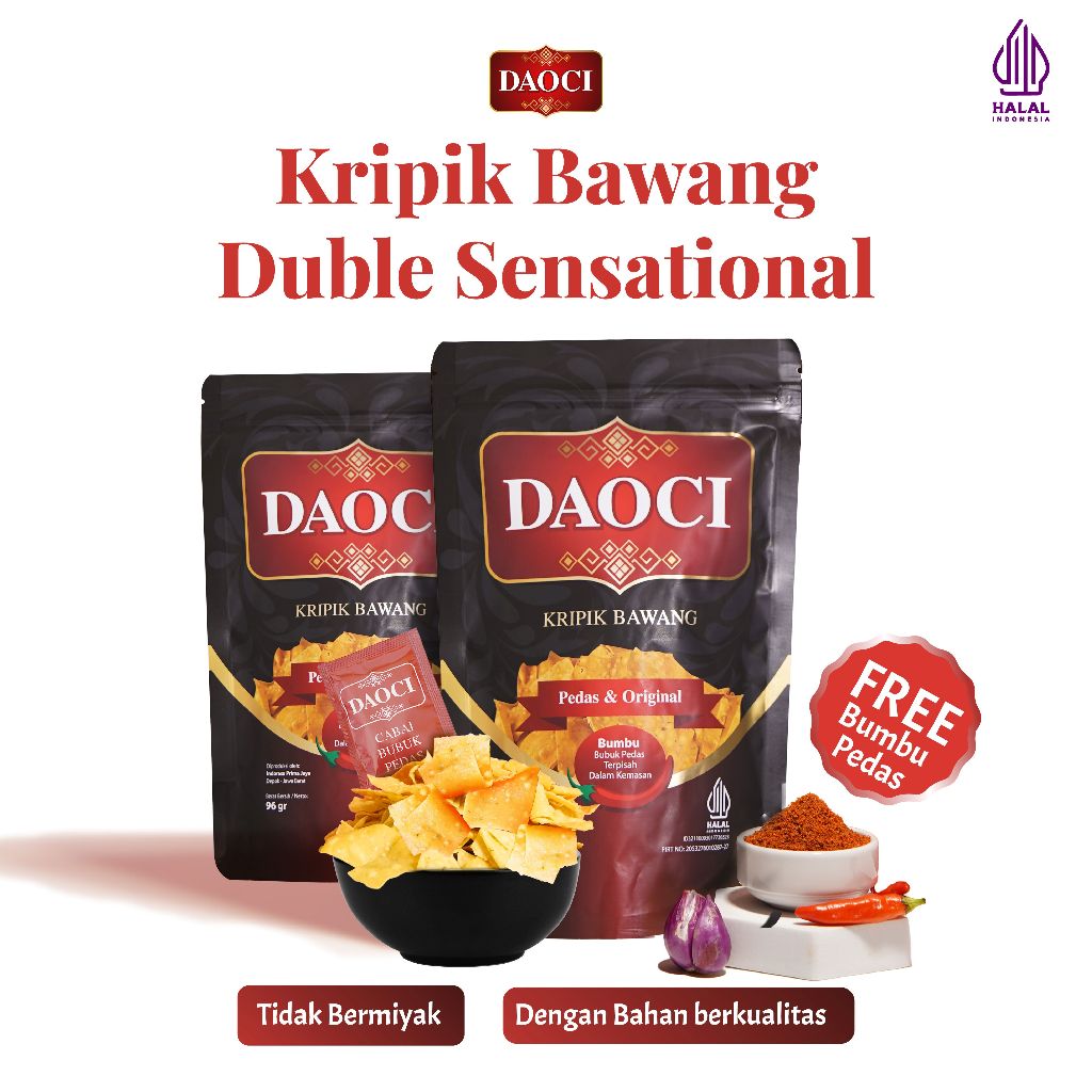 

DAOCI - Cemilan Pedas Isi 2pcs - Keripik Bawang Varian 2 Rasa Dalam 1 Kemasan Original & Pedas - Kemasan 100g