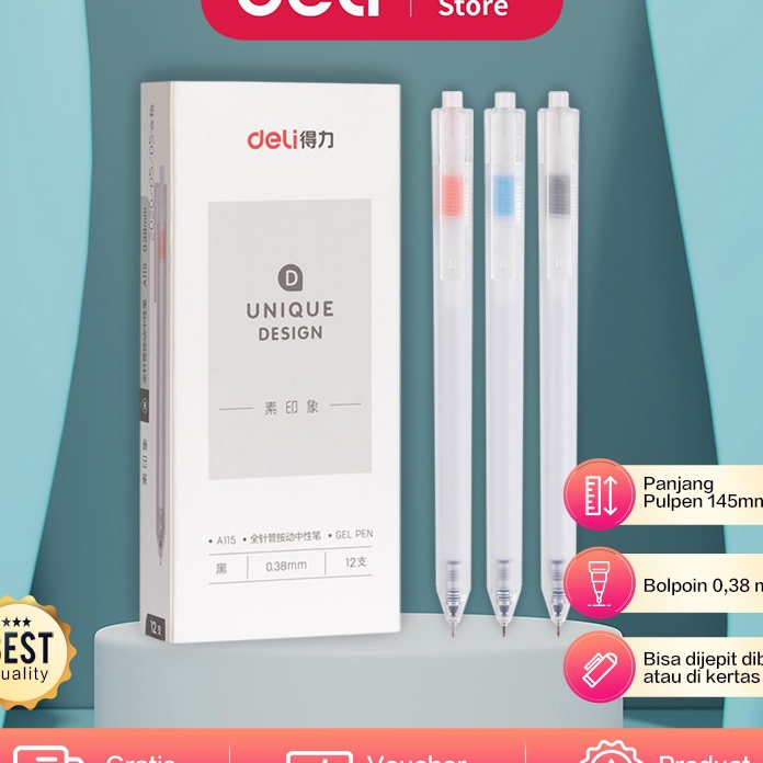 

Top Deli Gel Pen Pulpen Gel 38mm Tinta Hitam Isi 12 Retracable Desain Unik A115