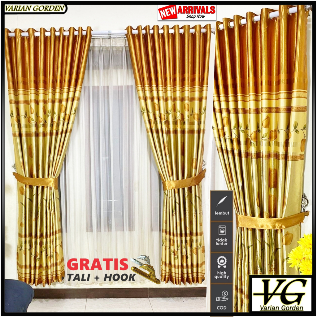 Gorden Jendela Aesthetik Ukuran Lebar 2 Meter Blackout Bunga Tulip Gold 10 Lipatan 20 Lobang Ring