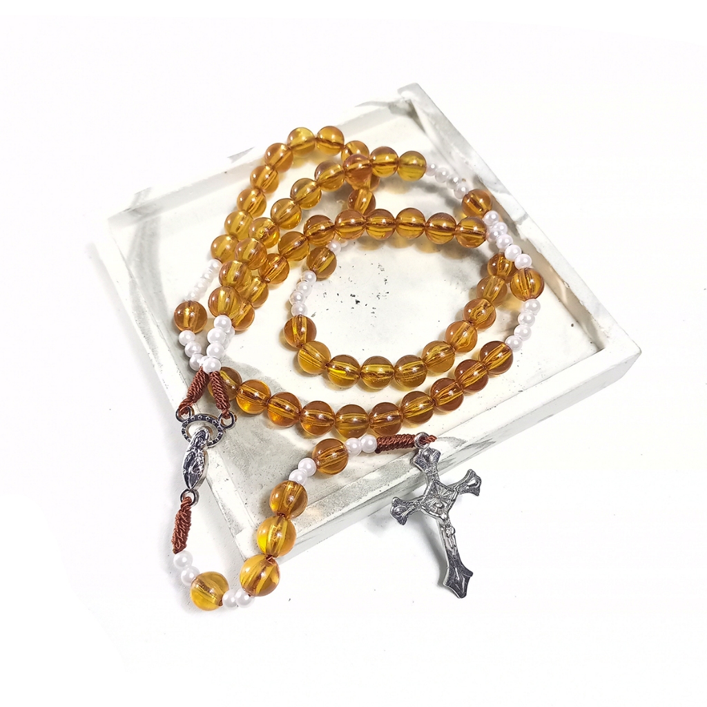 Kalung Rosario Katolik Bahan Akrilik Ringan Warna Coklat Muda - Kalung Rosario Akrilik Katolik - Ros