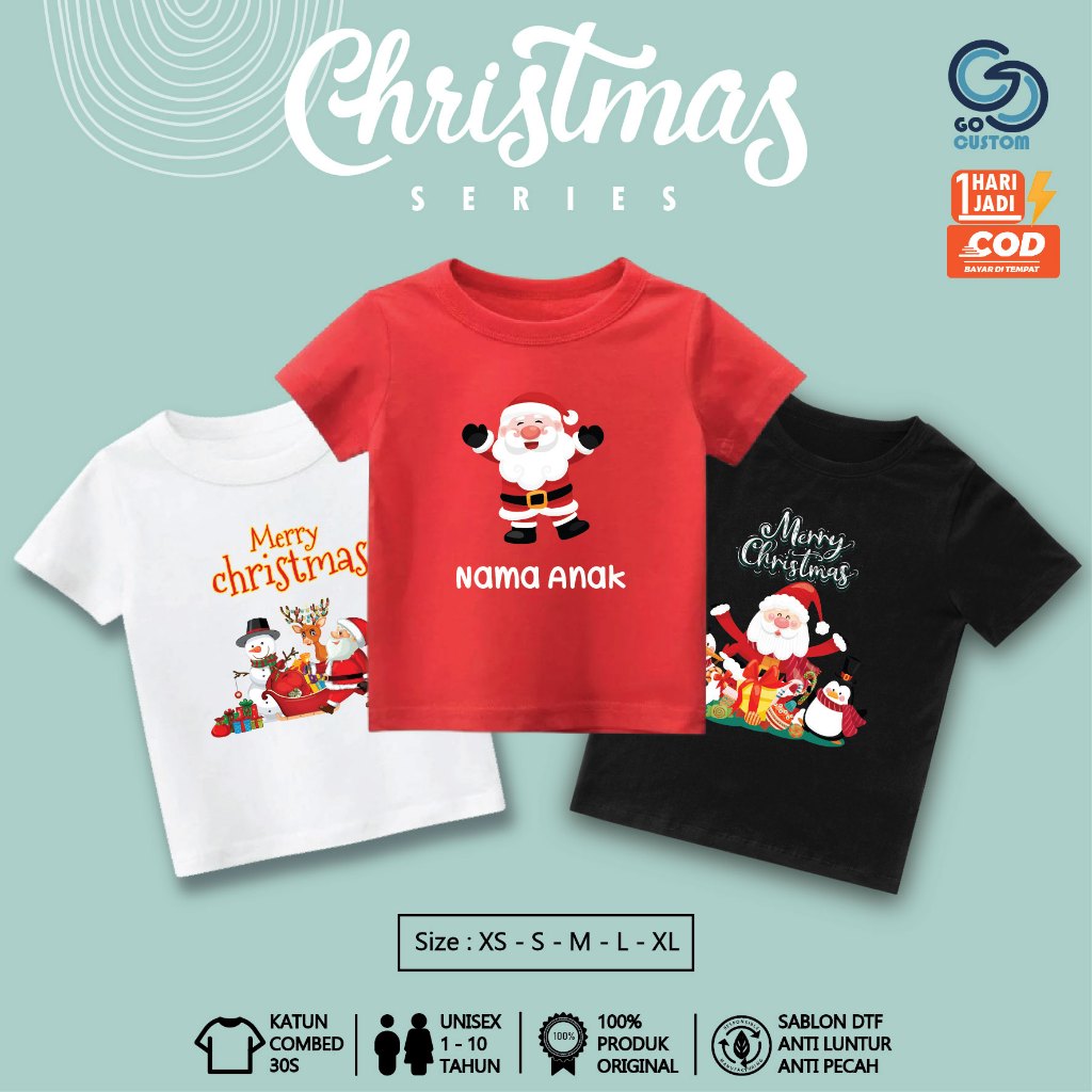 Kaos Anak Laki Laki Perempuan Natal Christmas Usia 1-10 Tahun - Baju Anak Natalan Free Custom Nama