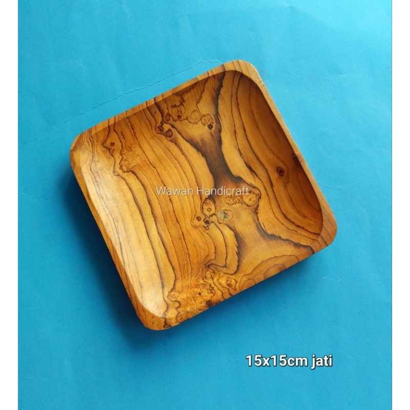 piring kayu/piring saji/piring kayu jati kotak 15x15cm
