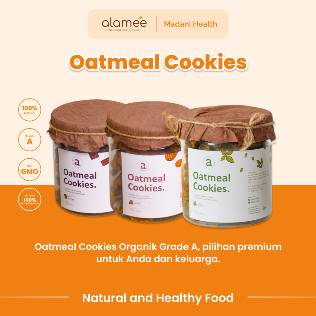 

ALAMEE Oatmeal Diet Cookies - Cemilan Almond Matcha Dark Choco Snack Kue Sehat Healthy Snack 225gr